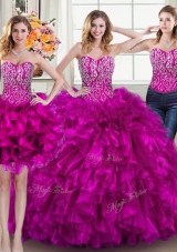 Inexpensive Three Piece Ball Gowns Sleeveless Fuchsia Quinceanera Gown Brush Train Lace Up