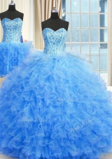 Three Piece Strapless Sleeveless Lace Up Quinceanera Dresses Baby Blue Tulle