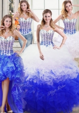 Four Piece Floor Length Ball Gowns Sleeveless White and Blue Quinceanera Gown Lace Up