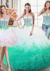 Three Piece Organza Sweetheart Sleeveless Lace Up Beading and Ruffles Ball Gown Prom Dress in White and Green