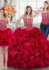 Three Piece Sweetheart Sleeveless Organza Ball Gown Prom Dress Beading and Ruffles Brush Train Lace Up