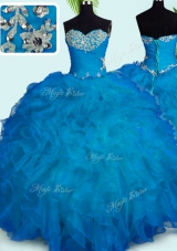 Organza Sweetheart Sleeveless Lace Up Beading and Ruffles Quinceanera Dress in Blue
