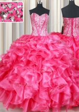 Sumptuous Hot Pink Organza Lace Up 15 Quinceanera Dress Sleeveless Floor Length Beading and Ruffles