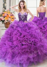 Eggplant Purple Lace Up Quinceanera Gowns Beading and Ruffles Sleeveless Floor Length