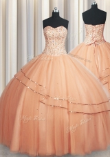 Visible Boning Really Puffy Peach 15th Birthday Dress Military Ball and Sweet 16 and Quinceanera and For with Beading and Ruching Sweetheart Sleeveless Lace Up