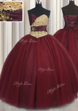 Flare Wine Red Tulle Lace Up Sweet 16 Quinceanera Dress Sleeveless Floor Length Beading and Appliques