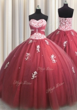 Ideal Wine Red Tulle Lace Up Sweet 16 Dresses Sleeveless Floor Length Beading and Appliques