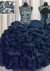 Navy Blue Ball Gowns Scoop Sleeveless Organza Floor Length Lace Up Beading and Pick Ups Quince Ball Gowns