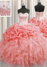 Trendy Visible Boning Ruffles and Pick Ups Quinceanera Gowns Watermelon Red Lace Up Sleeveless Floor Length
