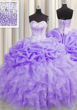 Visible Boning Sleeveless Organza Floor Length Lace Up Quinceanera Dresses in Lavender for with Beading and Ruffles and Pick Ups