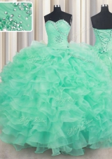 Fantastic Turquoise Sleeveless Floor Length Beading and Ruffles Lace Up Sweet 16 Dresses