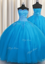 Big Puffy Blue Tulle Lace Up Sweetheart Sleeveless Floor Length Vestidos de Quinceanera Beading