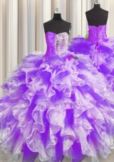 Sleeveless Floor Length Beading and Ruffles and Ruching Lace Up 15 Quinceanera Dress with White And Purple