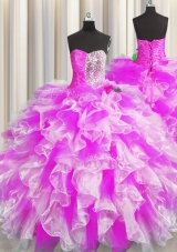 Sweetheart Sleeveless Quinceanera Gown Floor Length Beading and Ruffles and Ruching Multi-color Organza