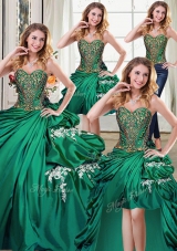 Captivating Four Piece Floor Length Dark Green 15th Birthday Dress Taffeta Sleeveless Beading and Appliques and Pick Ups