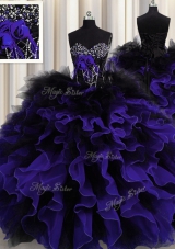 Great Black And Purple Organza and Tulle Lace Up Sweetheart Sleeveless Floor Length Sweet 16 Dress Beading and Ruffles