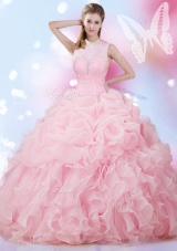 New Arrival Baby Pink Ball Gowns Organza High-neck Sleeveless Beading and Ruffles and Pick Ups Floor Length Lace Up Sweet 16 Dress