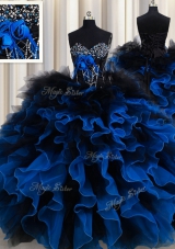 Royal Blue Ball Gowns Organza and Tulle Sweetheart Sleeveless Beading and Ruffles Floor Length Lace Up 15th Birthday Dress