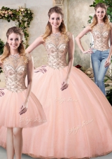 Sexy Scoop Floor Length Lace Up Sweet 16 Dresses Peach and In for Military Ball and Sweet 16 and Quinceanera with Beading