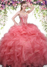 Sophisticated Coral Red Organza Lace Up Sweetheart Sleeveless Floor Length Vestidos de Quinceanera Beading and Ruffles