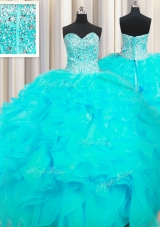 Visible Boning Beaded Bodice Sweetheart Sleeveless Quince Ball Gowns Floor Length Beading and Ruffles Aqua Blue Organza