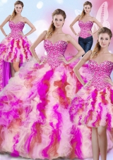 Enchanting Four Piece Sweetheart Sleeveless Tulle Sweet 16 Dress Beading and Ruffles Lace Up