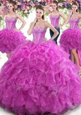 Hot Selling Four Piece Fuchsia Quinceanera Dress Military Ball and Sweet 16 and Quinceanera and For with Beading and Ruffles Sweetheart Sleeveless Lace Up