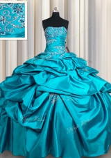 Pick Ups Floor Length Teal 15 Quinceanera Dress Strapless Sleeveless Lace Up
