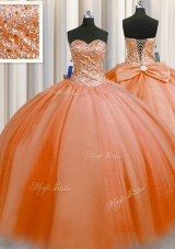 Sexy Puffy Skirt Orange Red Tulle Lace Up Sweetheart Sleeveless Floor Length Quinceanera Gown Beading