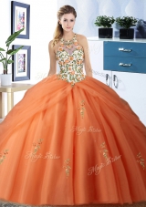 Smart Orange Halter Top Lace Up Embroidery and Pick Ups 15 Quinceanera Dress Sleeveless