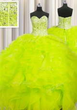 Smart Visible Boning Beaded Bodice Yellow Organza Lace Up Sweetheart Sleeveless Floor Length Quinceanera Dresses Beading and Ruffles