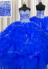Visible Boning Beaded Bodice Floor Length Royal Blue 15th Birthday Dress Organza Sleeveless Beading and Ruffles