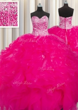 Visible Boning Beaded Bodice Hot Pink Ball Gowns Sweetheart Sleeveless Organza Floor Length Lace Up Beading and Ruffles Quinceanera Dress