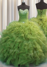 Exceptional Beaded Bust Olive Green Sleeveless Beading and Ruffles Floor Length Vestidos de Quinceanera
