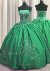 Fashionable Green Ball Gowns Beading and Embroidery 15th Birthday Dress Lace Up Taffeta Sleeveless Floor Length