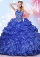 Royal Blue Quinceanera Gown Military Ball and Sweet 16 and Quinceanera and For with Appliques and Ruffles and Pick Ups Halter Top Sleeveless Lace Up
