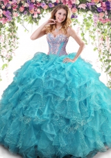 Stunning Aqua Blue Sleeveless Organza Lace Up Quinceanera Gowns for Military Ball and Sweet 16 and Quinceanera
