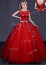 Admirable Scoop Red Cap Sleeves Beading and Belt Floor Length 15th Birthday Dress