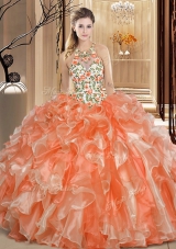 Best Scoop Backless Floor Length Orange Sweet 16 Dresses Organza Sleeveless Embroidery and Ruffles