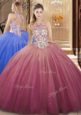 Burgundy High-neck Neckline Lace and Appliques Sweet 16 Quinceanera Dress Sleeveless Lace Up