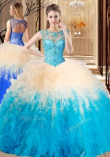 Customized Scoop Sleeveless Tulle Floor Length Lace Up Quinceanera Gowns in Multi-color for with Beading