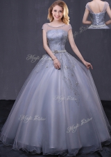 Fashion Grey Lace Up Scoop Beading and Belt 15th Birthday Dress Tulle Cap Sleeves