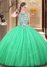 Green Ball Gowns Lace and Appliques 15 Quinceanera Dress Lace Up Tulle Sleeveless Floor Length