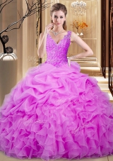 Lilac Sleeveless Floor Length Lace and Ruffles and Pick Ups Backless Sweet 16 Dress