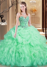 Pretty Apple Green Quinceanera Dresses Prom and Military Ball and Sweet 16 and Quinceanera and For with Embroidery and Ruffles Sweetheart Sleeveless Brush Train Lace Up