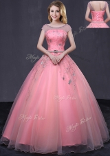 Scoop Cap Sleeves Quinceanera Gowns Floor Length Beading and Belt Watermelon Red Tulle