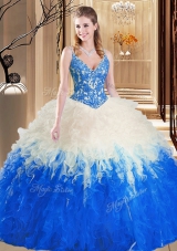 Simple Blue And White Quince Ball Gowns Military Ball and Sweet 16 and Quinceanera and For with Lace and Ruffles Straps Sleeveless Lace Up
