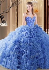 Sweetheart Sleeveless Quinceanera Gown Court Train Embroidery and Ruffles Blue Organza and Fabric With Rolling Flowers