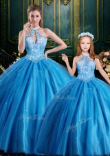 Top Selling Halter Top Baby Blue Lace Up 15th Birthday Dress Beading and Appliques Sleeveless Floor Length