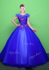 Scoop Floor Length Ball Gowns Short Sleeves Blue Sweet 16 Dress Lace Up